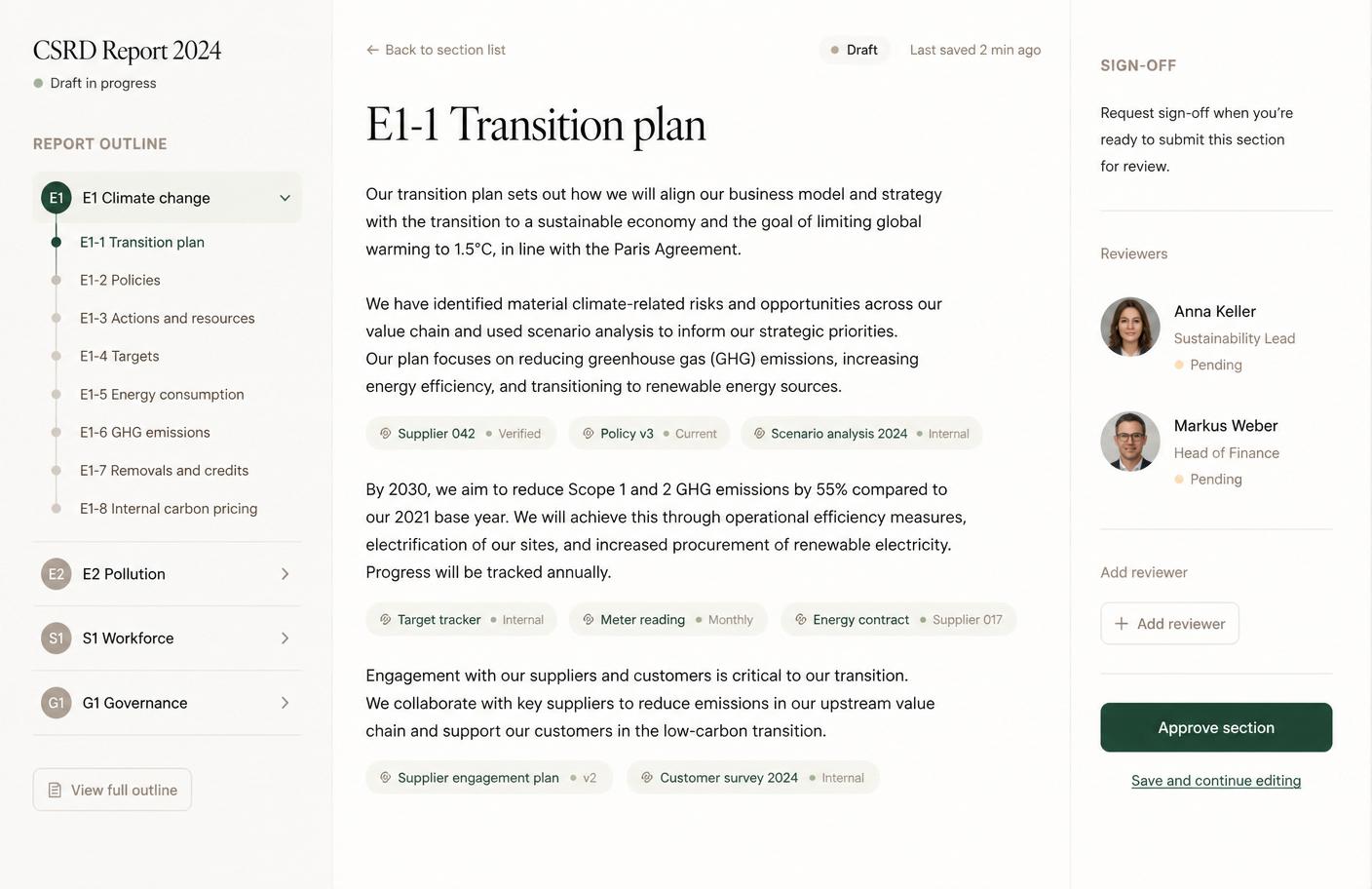CSRD Report 2024 with an outline of ESRS sections, a draft paragraph annotated with source-lineage chips, and a sign-off panel with two reviewers.